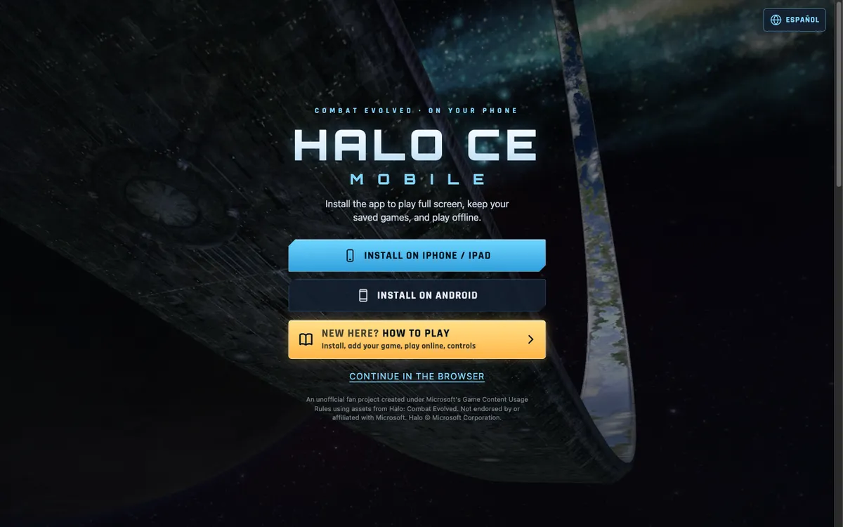 Halo CE Mobile’s landing page with installation options and a browser continuation link.