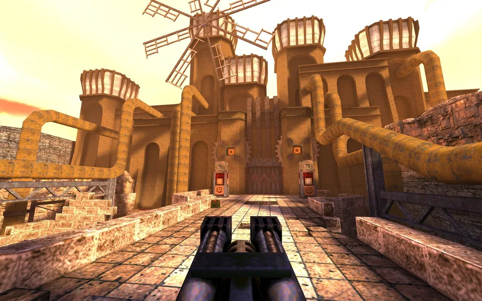 Quake promotional screenshot of a stone fortress and arena