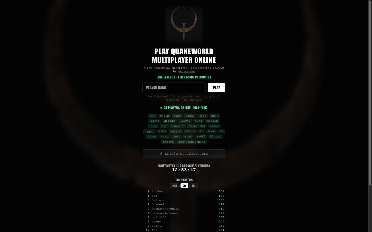 QuakeWorld browser project launch screen. A player name is requested before joining.